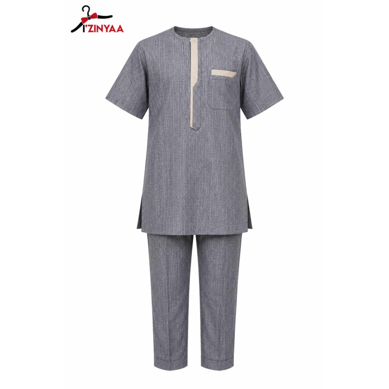 Ensemble Homme Tunique Gris Texture Chic Moderne