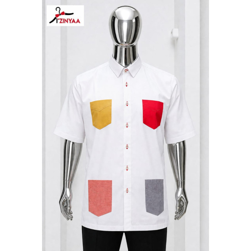 Chemise Premium Izinyaa “Color Patch” – Blanc Moderne & Détails Multicolores