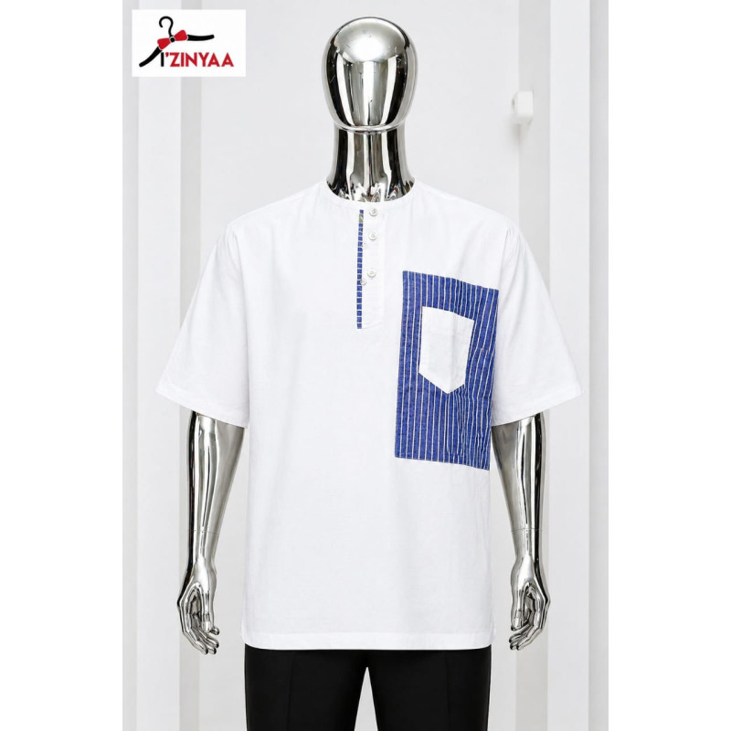Chemise Premium Azinyaa “Blanc Signature Indigo” – Élégance Contrastée